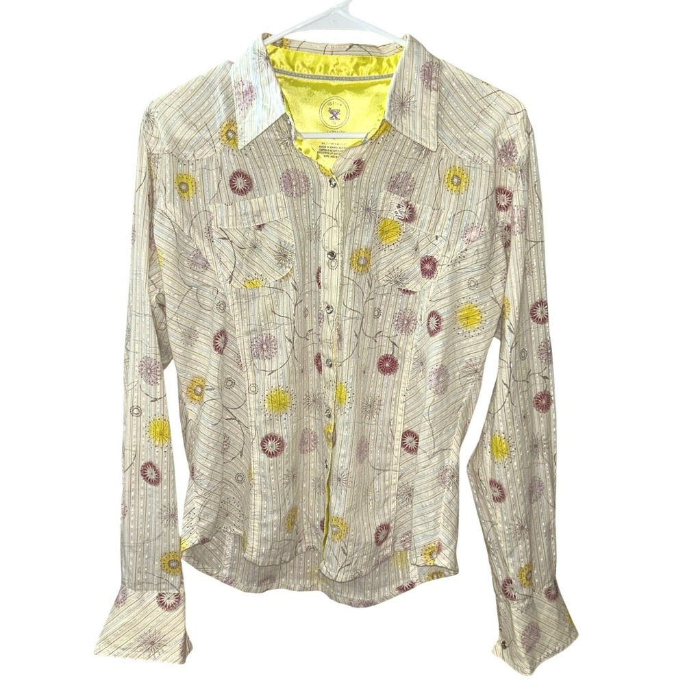 Wrangler Twenty X Ultra Fit Western Snap Shirt Floral Metallic Cream Yellow M